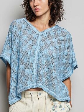 🩵Hello Gorgeous! POL CROCHET LACE Short Sleeve Top- Cornflower Blue- ALMOST GONE